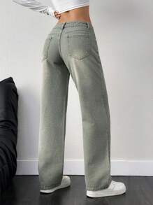 Jeanoix 休闲洗水低腰直筒牛仔裤 - 綠色 - 查看 2