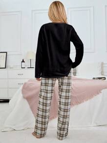 RueChic Cotton 2Pcs Slogan Printed Top And Plaid Printed Sleep Bottom PJ Set - Black - View 2