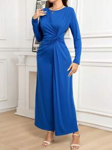 SHEIN Clasi Women's Solid Color Long Sleeve Twist Minimalist Casual Fitted High Waist Floor Length Dress