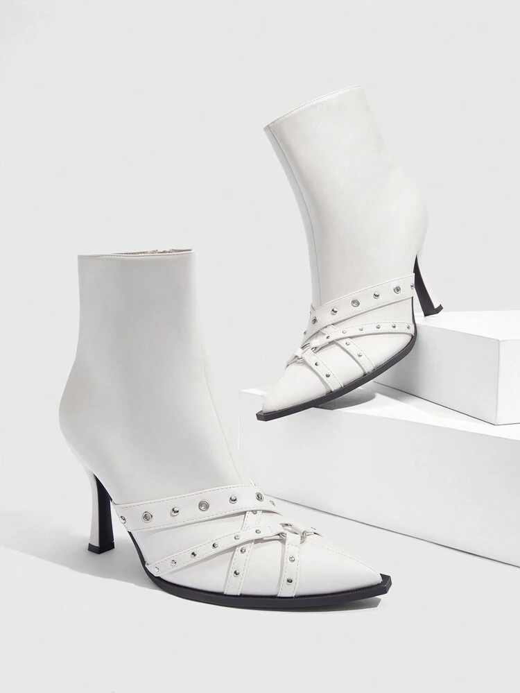 CUCCOO SZL Women's Sexy Fashion Belt Strap Rivet Decor Casual Versatile Side Zipper White High Heel Ankle Boots
