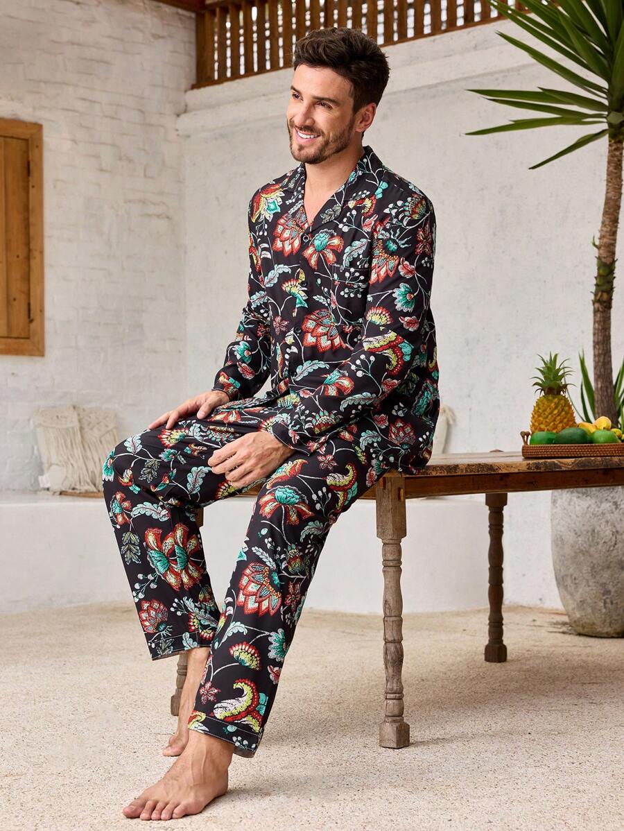 Manfinity ChillVibe 1 Set Men Floral Print Grandad Collar Single Breasted Long Sleeve Top And Pants Pajama Set - Mint Green - View 1