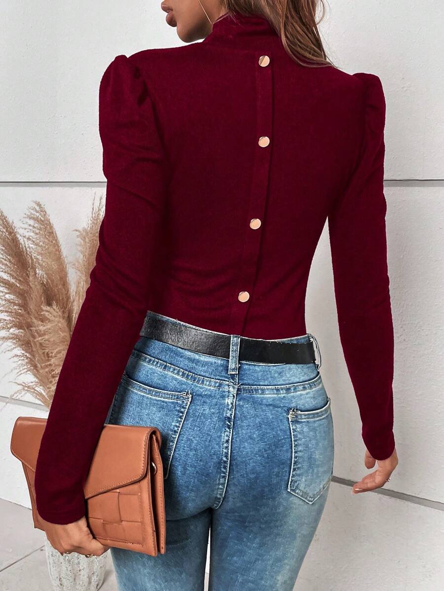 SHEIN Clasi Solid Button Back High Neck Puff Sleeve Tee