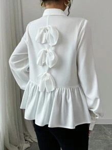Elenzga Shirt Collar Bowknot Decor Long Sleeve Blouse - White - View 4