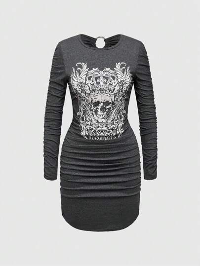 Grunge Punk Y2K Style Skeleton Crown & Rose Rhinestone Inlaid PU Mini Dress For Women