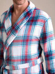 Men's Plaid Print Shawl Neck Patchwork Pocket Drawstring Fluffy Robe, Autumn/Winter