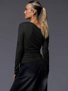 MUSERA Asymmetrical Shoulder Ruched Long Sleeve Top Casual Summer Holiday Going Out Tops Club Winter Elegant - Black - View 3