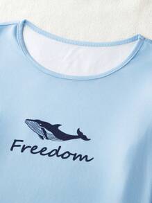 Set de pijama de 2 piezas con estampado de ballena y letras de manga larga, con pantalón a cuadros