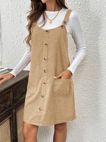 SHEIN LUNE Brown Corduroy Overall Dress For Women With Pockets - Apricot - View 7