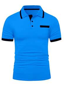 Manfinity Homme 男士休闲纽扣半襟短袖 Polo 衫，配色块饰边，夏季 - 水鴨藍 - 查看 3