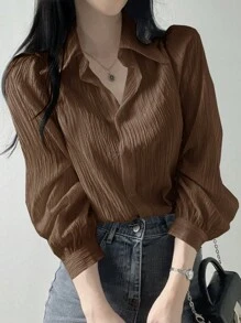 DAZY Women's Pleated Plain Lapel Loose Blouse, Coffee Brown, Spring/Summer/Autumn