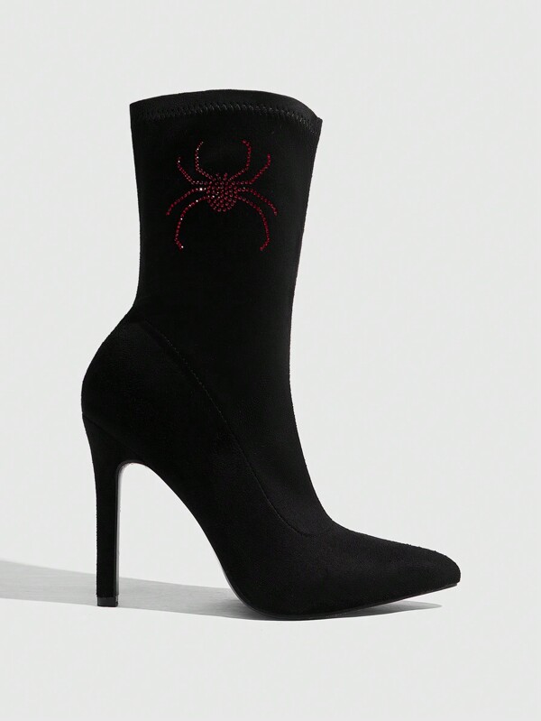 CUCCOO SZL Botas tobilleras para mujer con puntera fina y tacón alto, botas sexy de media pantorrilla negras con cristales para fiestas y festivales