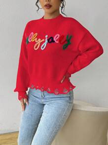 Chiquease Women's Casual Daily Letter Pattern Drop Shoulder Sweater, Autumn Knit Pullover Fall Winter Outfit - Red - View 5