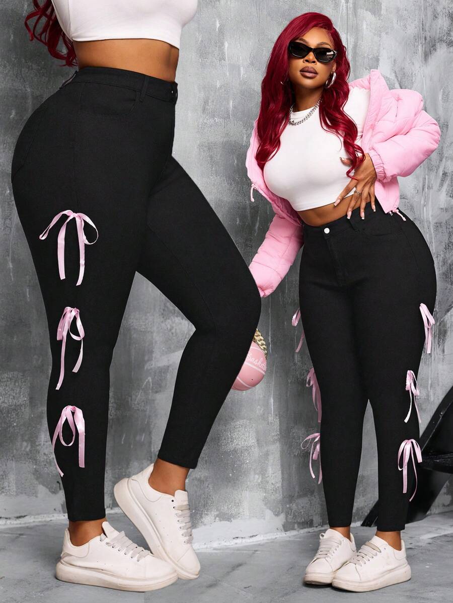 Plus Size Women High Stretch Denim Pants With Side Bow Ribbon Design - Black - View 1