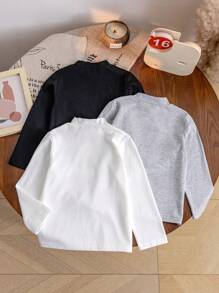 SHEIN Genkimix Kids 3 件套年轻男孩休闲街头装舒适立领长袖 T 恤，3 种颜色，适合学校、户外活动、运动、秋冬季