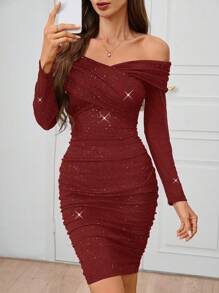 SHEIN Clasi 女士优雅性感露肩褶饰闪光针织派对连衣裙