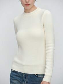 SHEIN LUNE Women's Solid Color Round Neck Long Sleeve Fitted Sweater, Autumn/Winter Knit Pullover Fall - Apricot - View 3
