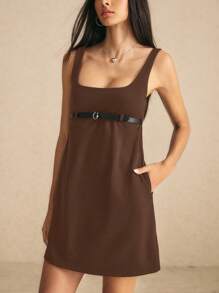 Poéselle Women's Sleeveless Mini Dress,Coffee Brown Summer Effortless Chic Brunch Outfit With Under-Bust Belt & Side Pockets,Chic Street Style Daily Piece - Brown - View 2