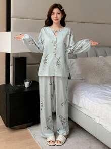 DAZY Chinese Style Plant Graphic Print Hollow Neck Design Loose Pajamas Set - Green - View 3