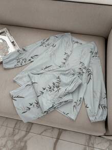 DAZY Chinese Style Plant Graphic Print Hollow Neck Design Loose Pajamas Set - Green - View 1