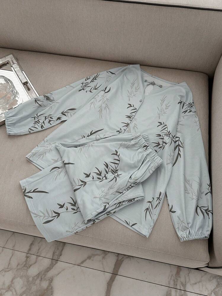 Chinese Style Plant Graphic Print Hollow Neck Design Loose Pajamas Set