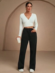 SHEIN Tall 素色抽繩口袋休閒直筒運動長褲，適合高個女款 - 深灰色 - 查看 4