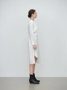 SHEIN LUNE 休闲白色不对称褶饰下摆长袖连衣裙 - 黑色 - 查看 4