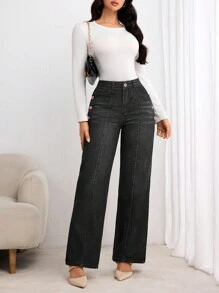 SHEIN LUNE 女士纯色前扣直筒牛仔裤 - 藍色 - 查看 5