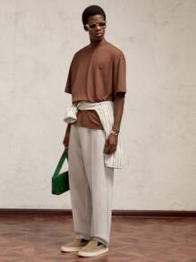 AKNOTIC Business Casual Quần dài nam dệt kim, cạp chun, ống rộng, có dây rút, màu be, thích hợp mặc hàng ngày, trang trí chữ kim loại, thiết kế phá cách. - Màu be - Xem 3