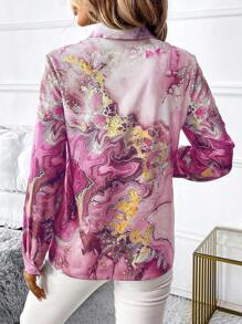 SHEIN Clasi Women's Elegant Commuter Marble Print Front Button Blouse For Autumn