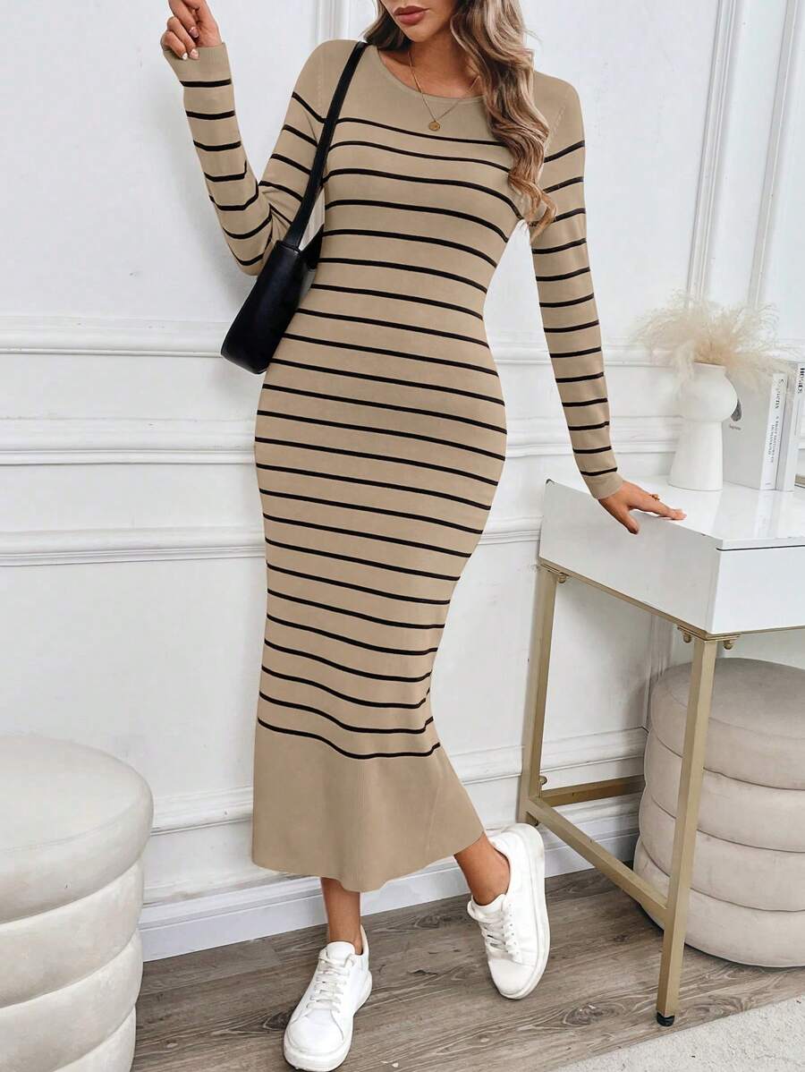 SHEIN LUNE 1pc Women Colorblock Striped Bodycon Long Sweater Dress - Multicolor - View 1