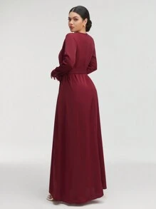 Veilorie 勃艮第红色女士纯色褶皱优雅合身腰部连衣裙 - 酒紅色 - 查看 2