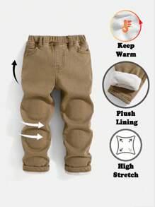 SHEIN 男童休闲保暖基本款高弹力卡其色保暖内衬牛仔裤，适合男童秋冬