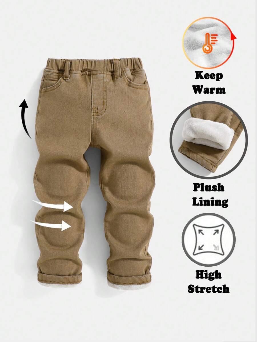 SHEIN 男童休闲保暖基本款高弹力卡其色保暖内衬牛仔裤，适合男童秋冬