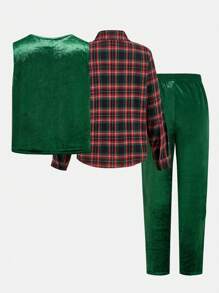 3pcs Tween Boy Christmas Green Velvet Vest, Shirt, And Pants Clothes Set, Gentleman Style Suitable For Holiday Party, School And Formal Occasions