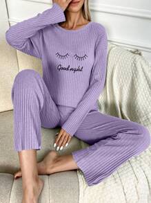 RueChic Letter Printed Ribbed Knit Lounge Wear Set - Lilac Purple - View 1