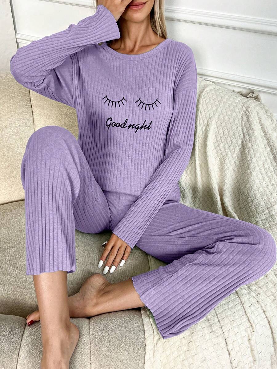 RueChic Letter Printed Ribbed Knit Lounge Wear Set - Lilac Purple - View 1