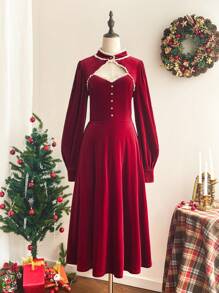 Vintamour Women's Vintage Elegant Christmas Party Contrast Ruffle Trim Stand Collar Long Sleeve Velvet Dress, Red Fall Winter Clothes Hollowed Costumes Thanksgiving Women Outfit Fall Clothes Princess Women Costume Long Women Skirts Christmas Women Dress Masquerade Ball Dress Elegant Women Dresses Winter Women Dress Concert Women Outfit
