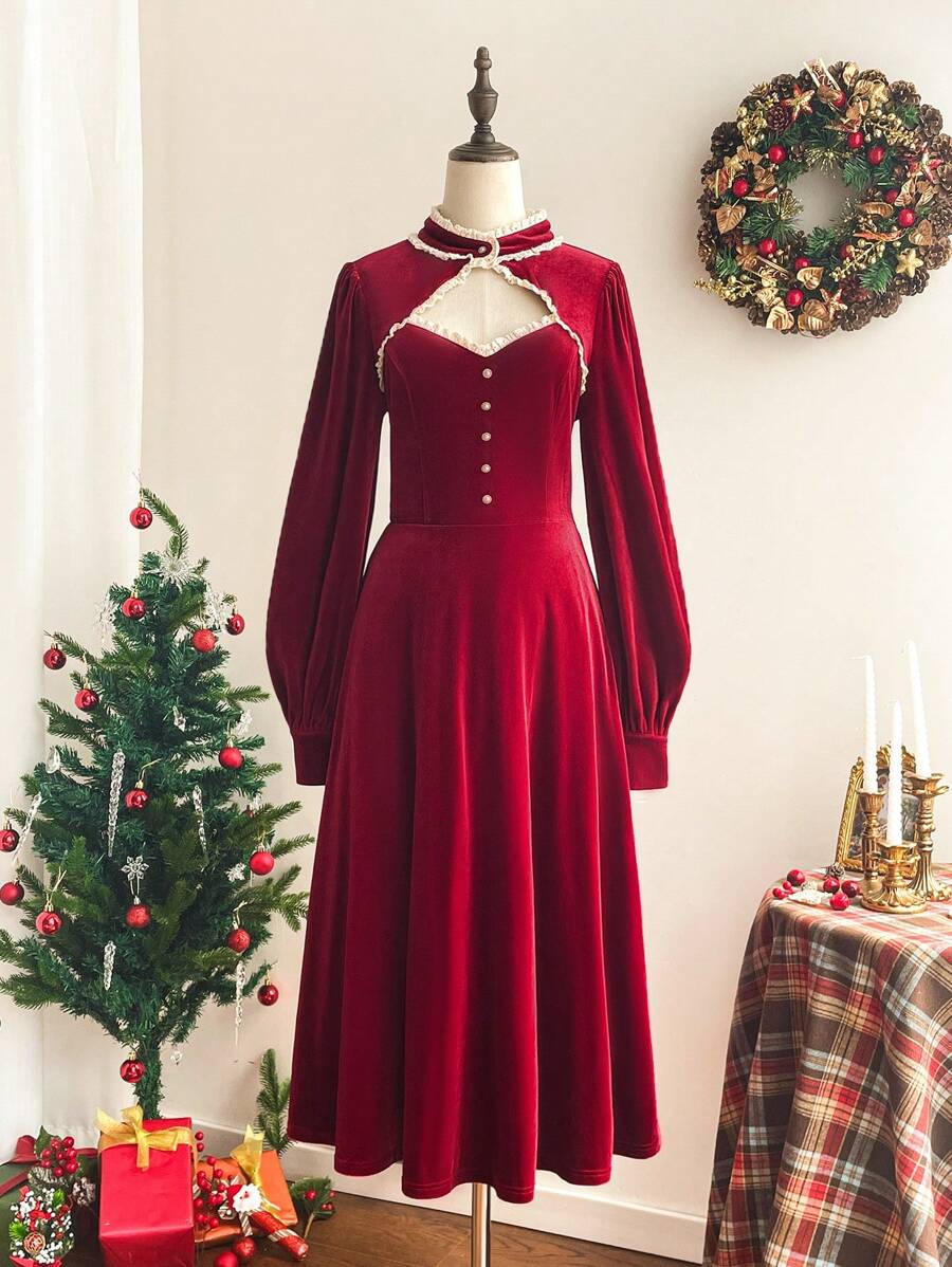 Vintamour Women's Vintage Elegant Christmas Party Contrast Ruffle Trim Stand Collar Long Sleeve Velvet Dress, Red Fall Winter Clothes Hollowed Costumes Thanksgiving Women Outfit Fall Clothes Princess Women Costume Long Women Skirts Christmas Women Dress Masquerade Ball Dress Elegant Women Dresses Winter Women Dress Concert Women Outfit