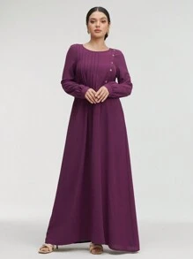 Graceveil Long Sleeve Round Neck Button Detail Modest Dress - Purple - View 1