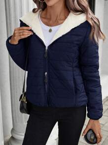 SHEIN LUNE 女式轻便黑色休闲街头风格夹棉大衣，冬季保暖 - 藏蓝色 - 查看 5