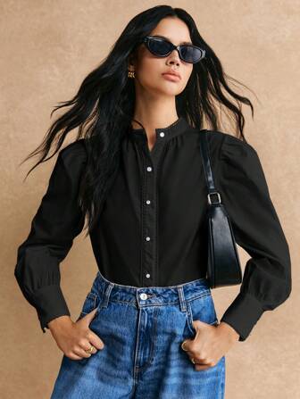 Poéselle Solid Color Stand Collar Long Sleeve Woven Elegant Shirt