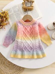 女童甜美渐变色彩虹条纹荷叶边下摆连衣裙，冬季