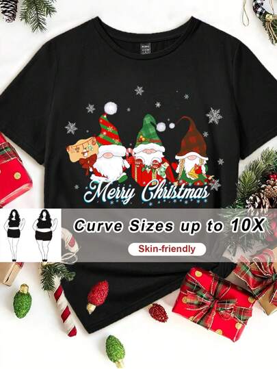 SHEIN CURVE+ 大码圣诞老人 T 恤，秋冬款