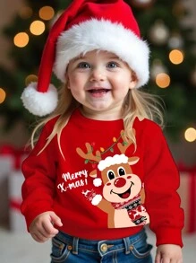 SHEIN Babymeisje schattige kerst herten print "Merry Christmas" rode casual minimalistische losse pasvorm ronde hals zachte gebreide trui sweatshirt