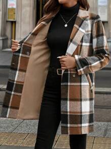SHEIN Clasi 1 pezzo Cappotto lungo a metà lunghezza con maniche lunghe a quadri marrone per donna, adatto per autunno/inverno - Castano - Visualizzare 4