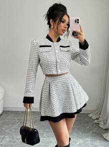 Rafferiza 2 件套女士粗花呢长袖上衣和裙子优雅时尚套装 - 黑色 - 查看 1