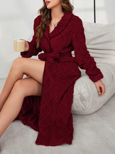 Women Floral Pattern Double Pocket Splice Trim Velvet Robe Perfect Summer, For Fall Winter, Cozy Outfit, Fluffy