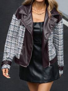 Aveloria Modichic Women's Thick Tweed PU Patchwork Hem Zip Up Jacket, Autumn/Winter