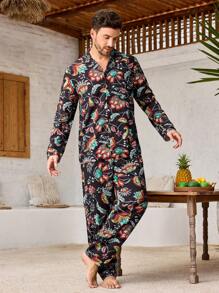 Manfinity ChillVibe 1 Set Men Floral Print Grandad Collar Single Breasted Long Sleeve Top And Pants Pajama Set - Mint Green - View 6