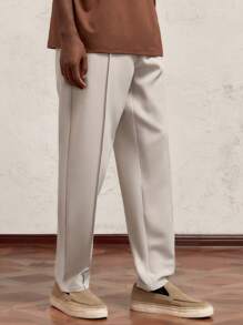 AKNOTIC Business Casual Quần dài nam dệt kim, cạp chun, ống rộng, có dây rút, màu be, thích hợp mặc hàng ngày, trang trí chữ kim loại, thiết kế phá cách. - Màu be - Xem 6